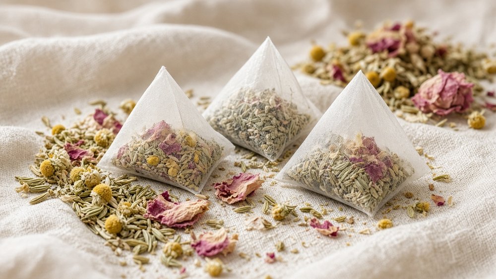 Biodegradable pyramid tea bags with botanicals