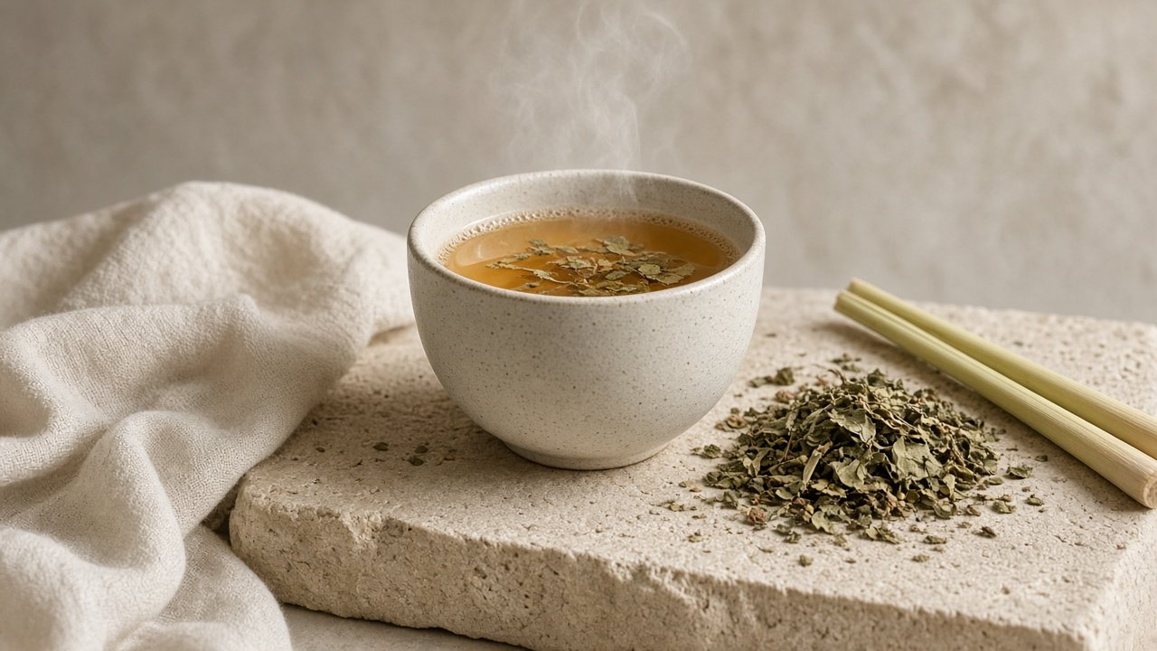 Ceramic cup of Sukoon herbal tea with steam